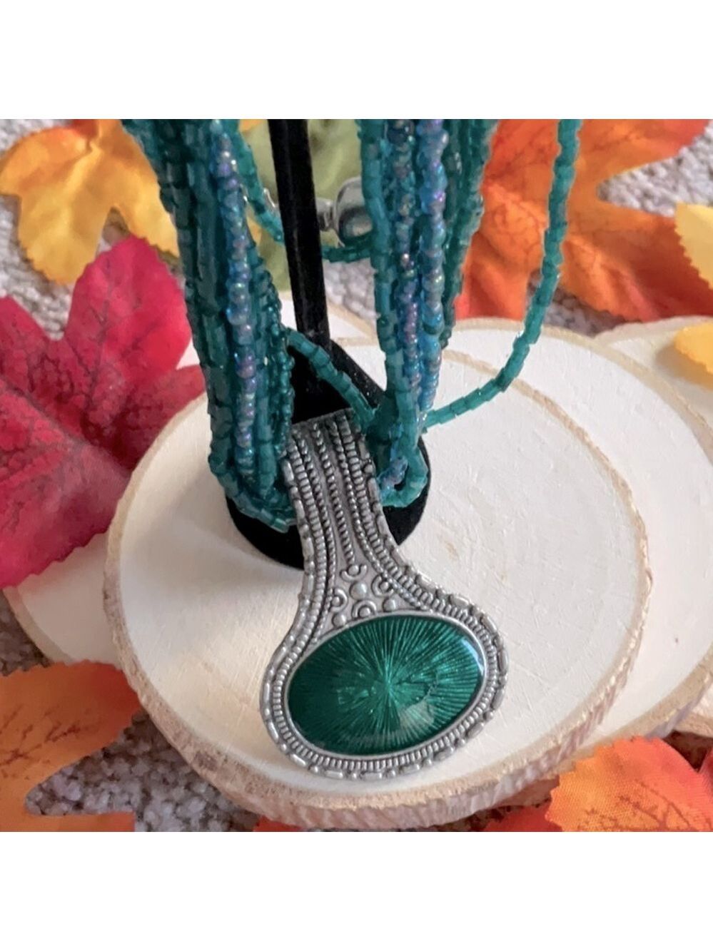 Green Blue Seeded Necklace Vintage Pendant